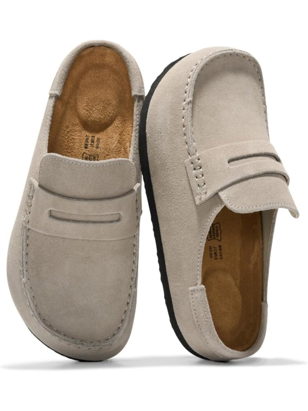 Women's Grey Suede Leather Closed Toe Pull On Fall Moccasin Clogs Loafer Shoe